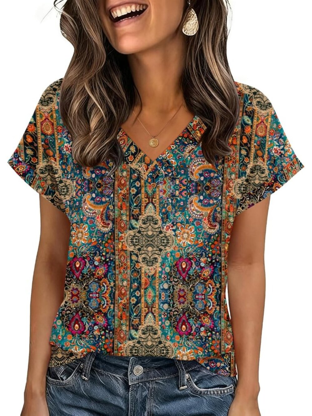 Women's Boho Short Sleeve V Neck Basic Tees Shirts Casual Tops Blouses